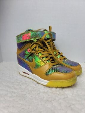 Nike Air Revolution Sky Hi Gold Iridescent Wedge Sneaker Strap Y2K Womens 6